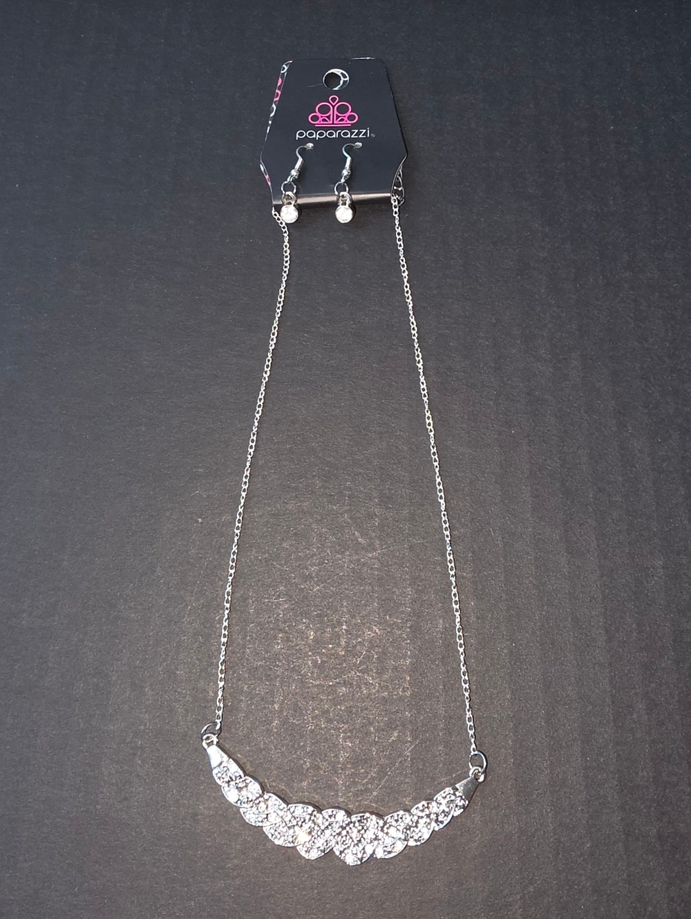 Paparazzi Silvertone Sparkling Crescent Statement Necklace With Dangle Earrings